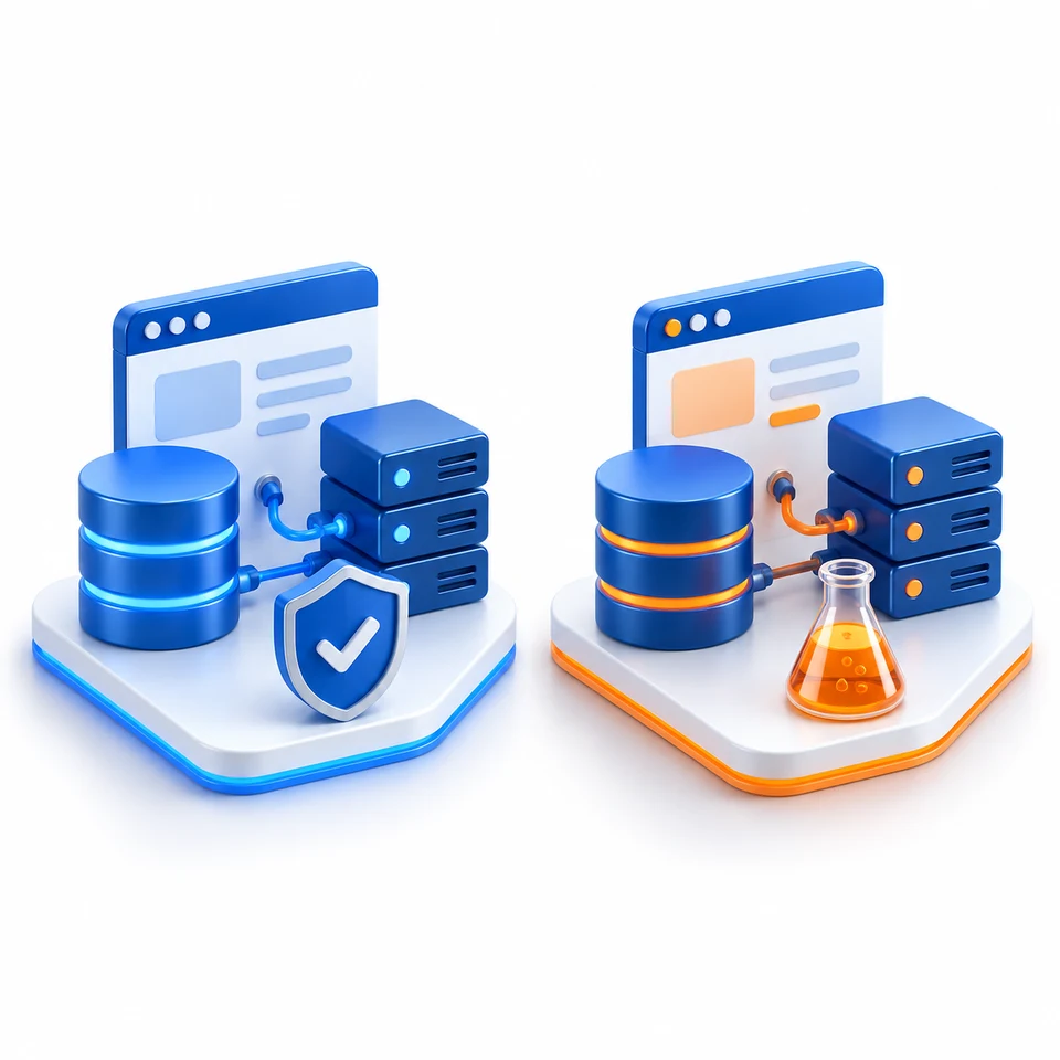 Plateformes de production et sandbox séparées, chacune avec son navigateur, sa base de données et ses serveurs, identifiées par un bouclier et une fiole de laboratoire